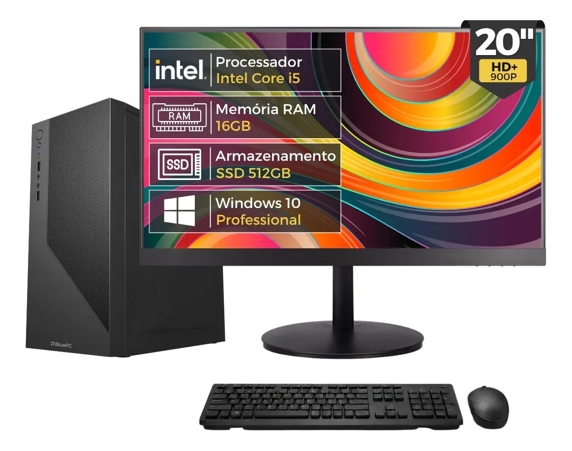 COMPUTADOR COMPLETO FAST INTEL CORE I5, 16GB RAM, SSD 512GB, PRETO, MONITOR 20" 75HZ