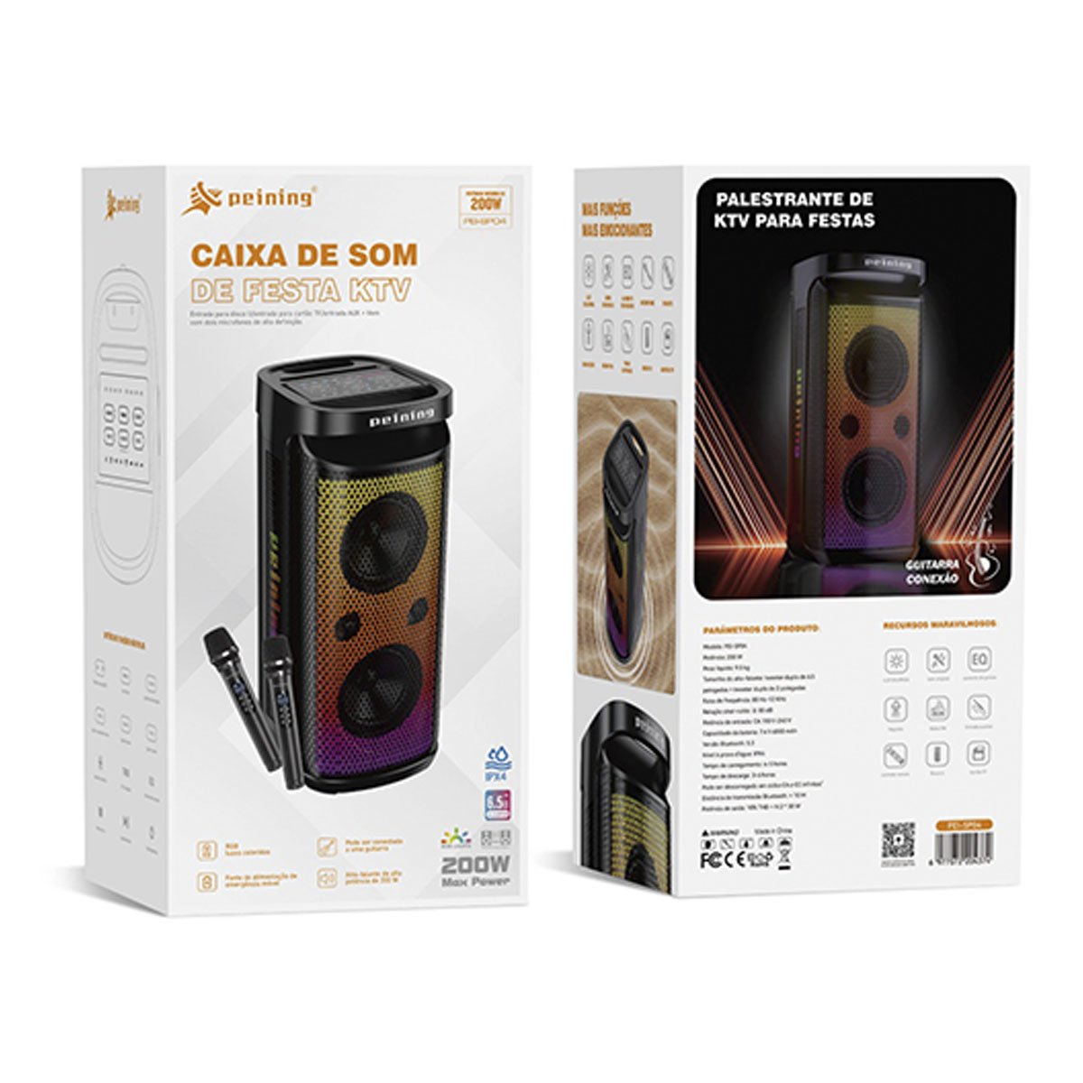 CAIXA DE SOM DE FESTA COM 2 MICROFONES SEM FIO KTV PEI-SP04